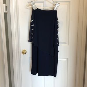 MSK Navy Blue cape dress with fancy jewel adorned open sleeve.